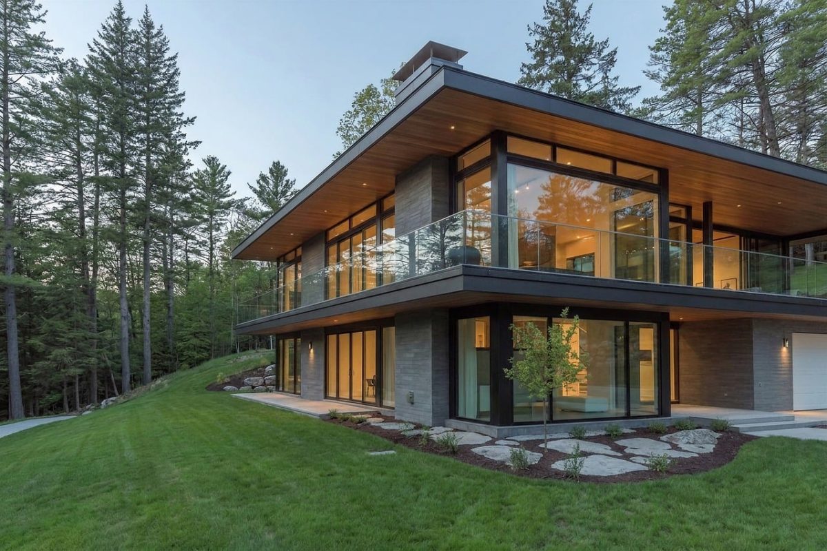 modern architecture, glass terrace, family home, forest, nature, outdoor setting, luxury property, garden, lawn, wooden structure, residential property, wide verandah, evening lighting, contemporary design, sunlight, forest landscape, relaxation area, panoramic view, evening sky, open living room, concrete flooring, trees in background