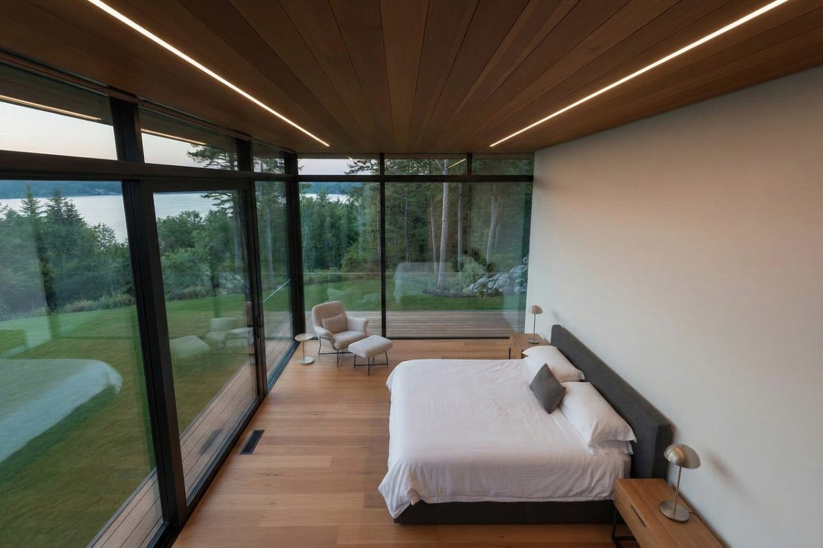 modern, bedroom, glass, bed, furniture, interior, minimalist, nature, light, beautiful view, panorama, natural light, luxurious, cozy, wood, villa, outdoor view, wooden floor, relaxation, holiday home
