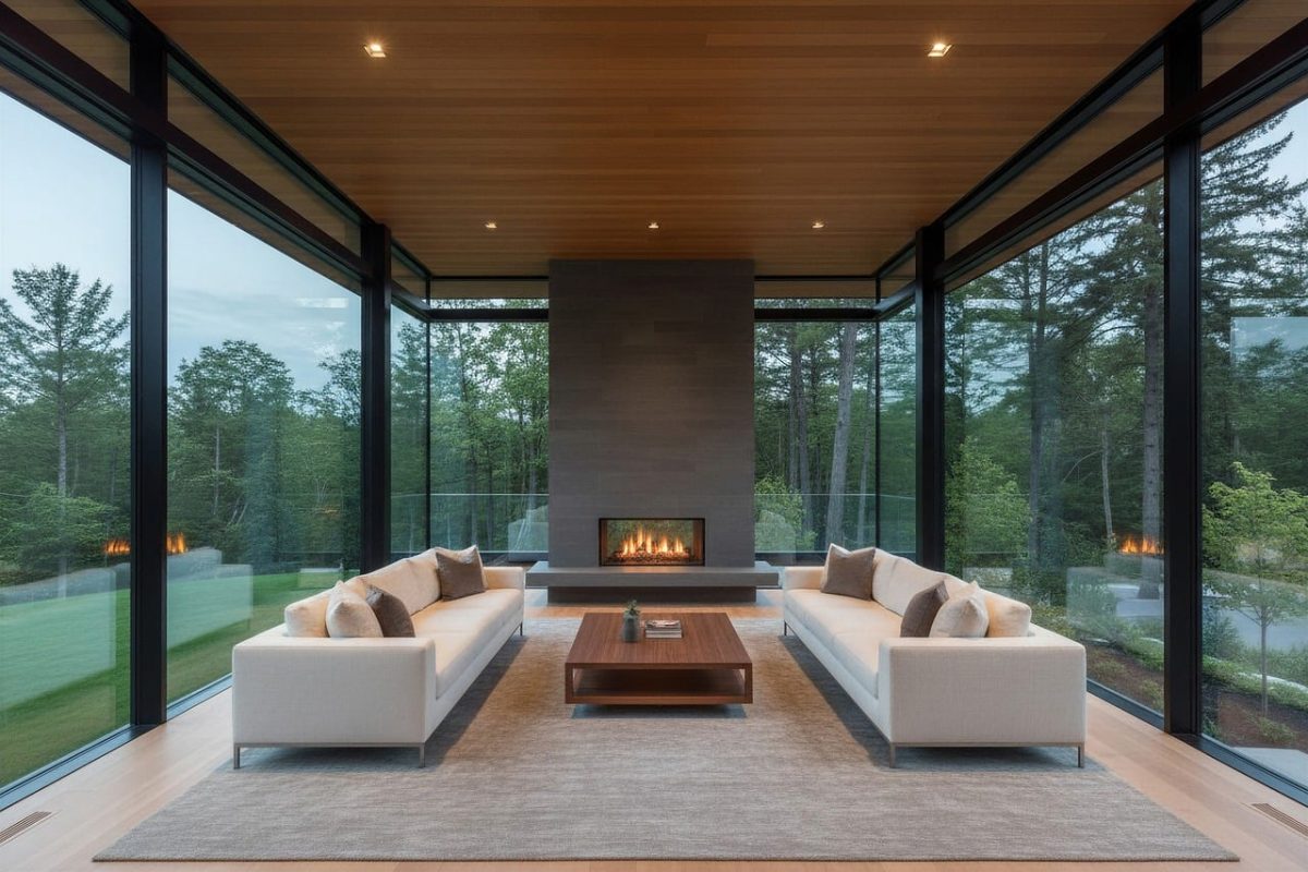 modern interior, glass walls, living room, fireplace, luxury, wood, minimalism, view, nature, glass pavilion, home comfort, natural light, lounge, contemporary design, public space, calm atmosphere, space, window, vinyl floor, café seating, cushions