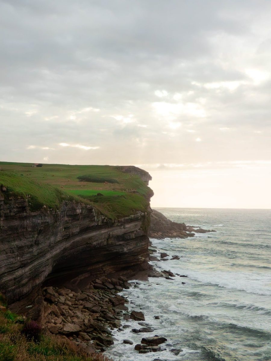 cliffs, ocean, waves, rocky shore, clouds, sky, scenery, coast, cliffside, calm sea, natural beauty, sunrise, nature reserve, ecosystem, climate zone, wildlife, nature, travel, eco-tourism, climate