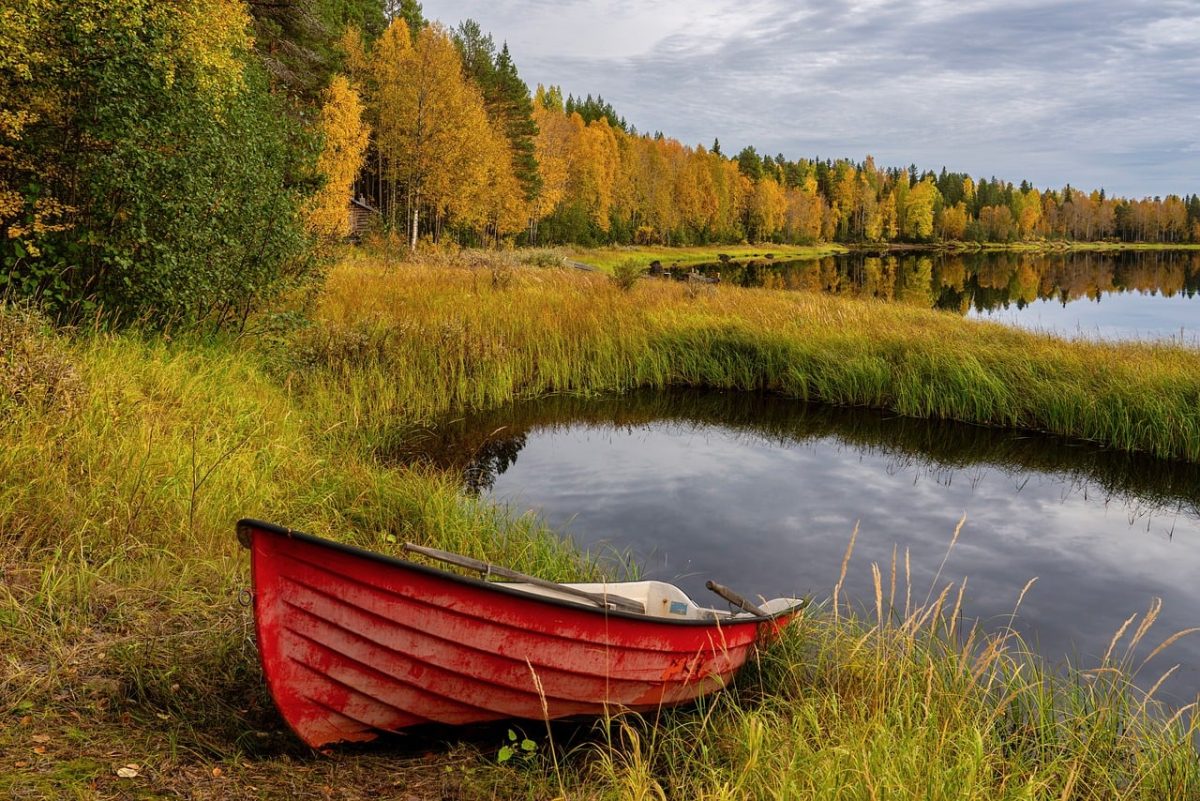 autumn, red boat, lake, forest, autumn leaves, nature, landscape, reflection in water, oar, calm, yellow color, recreation, calm day, clearing, water, grass, sky, golden leaves, mast