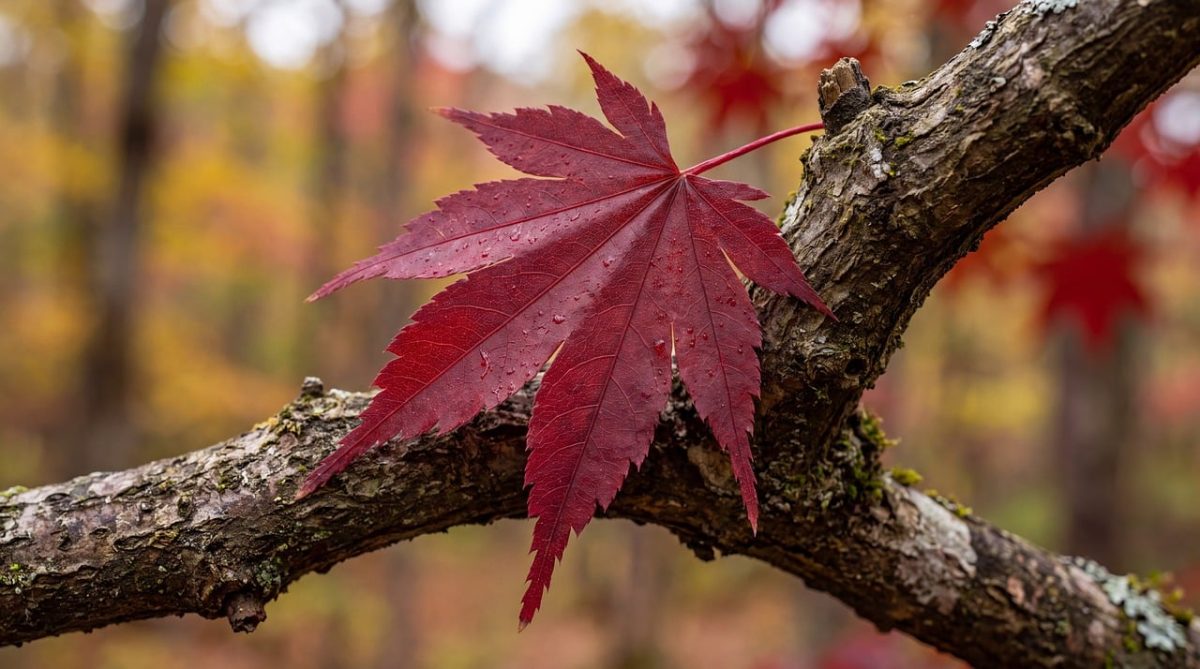 maple leaf, autumn, red color, natural texture, forest, tree branches, raindrops, wet leaves, countryside, nature's beauty, japanese maple, nature, broad leaf, fall foliage, nature details, outdoor environment, weather, tranquility, botany, rainy weather, green background