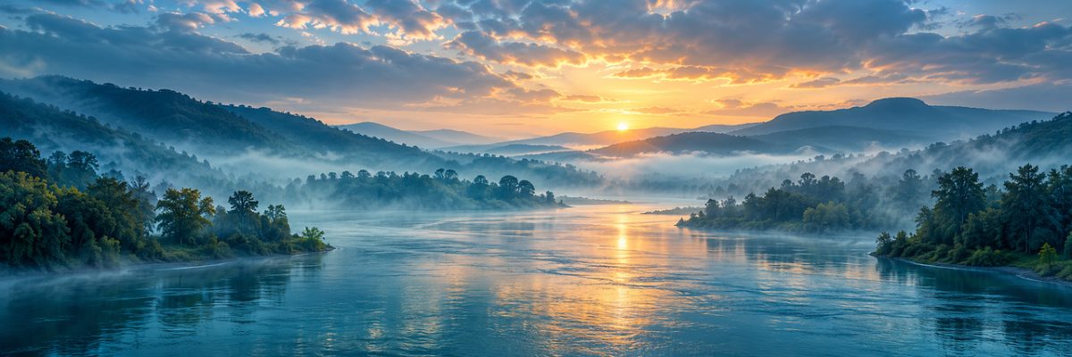 river, sunset, mountains, mist, forest, nature, panorama, dawn, soothing, calm, serenity, scenic, peace, water surface, reflection, sky, light, west, clouds, natural beauty, quiet