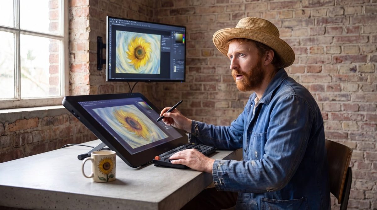 artist, digital drawing, tablet, monitor, sunflower, bricks, brick wall, coffee, mug, sun hat, painter, yellow color, decoration, work, coffee cup, design, rustic style, countryside, studio, technology, art studio
