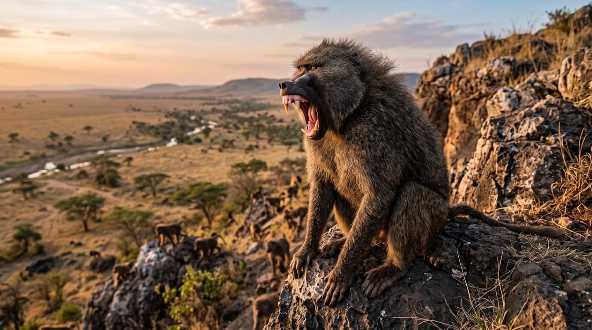 baboon, dramatic, aggressive, savannah, cliff, canine, gelada, african, landscape, monkey, sunset, menacing, rocks, pose, wilderness, peak, troop, dominant, nature, large fangs, wild