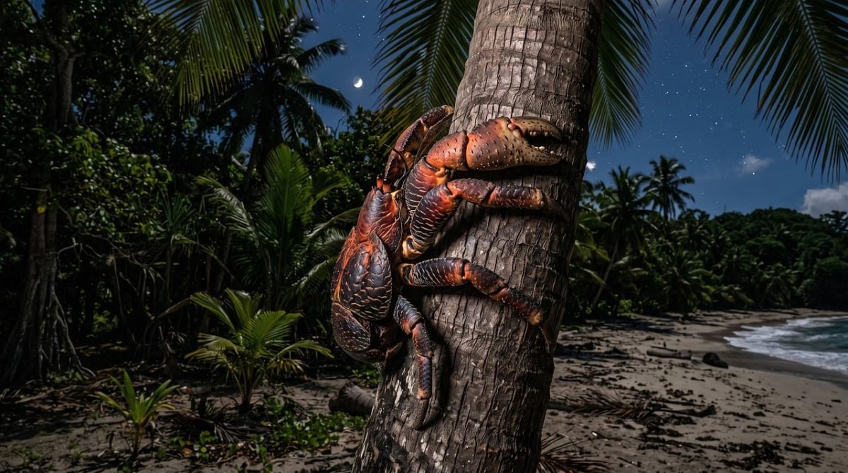 crab, coconut crab, giant, tree, palm tree, island, tropical, beach, pincers, dangerous, shell, moon, nocturnal, forest, night sky, sea, nature, wild, sky, tourism, natural history