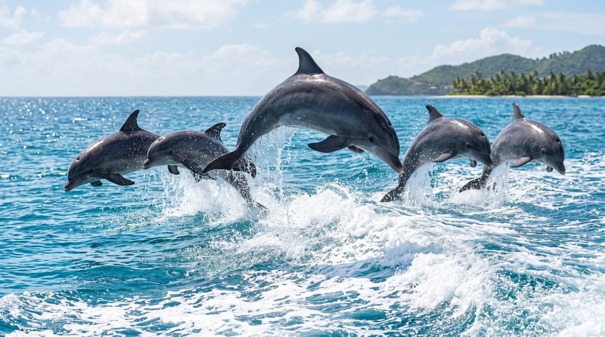 dolphin, ocean, jump, water, wave, splash, intelligent, group, freedom, acrobatics, sunshine, tropical, coast, scenic, wild, blue sea, nature, uplifting, wild sea, natural
