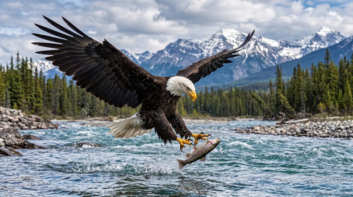 eagle, bald eagle, talons, river, flight, hunter, sky, wingspan, feathers, fishing, capture, nature, canada, wilderness, mountains, bird of prey, snow, prey, animal, wild