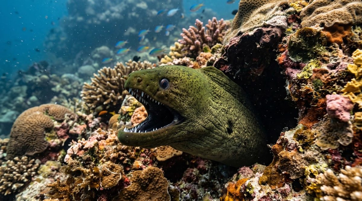 eel, green moray eel, reef, jaws, teeth, cave, crevice, nature, predator, ocean, green, sharp, dangerous, camouflage, marine life, coral reef, animal, open mouth, watery, surface, reef predator