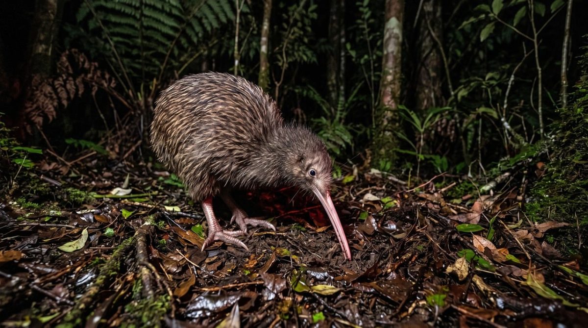 kiwi, bird, flightless, beak, forest, night, nocturnal, new zealand, long beak, feathers, foraging, dirt, leaves, midnight, damp, rare, nature, animal, exploration, unique