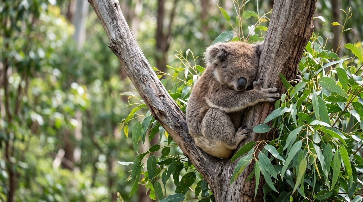 koala, bear, eucalyptus, tree, branch, leaves, sleeping, cute, marsupial, australia, wildlife, nature, furry, lazy, forest, climbing, outback, adorable, sleeping koala