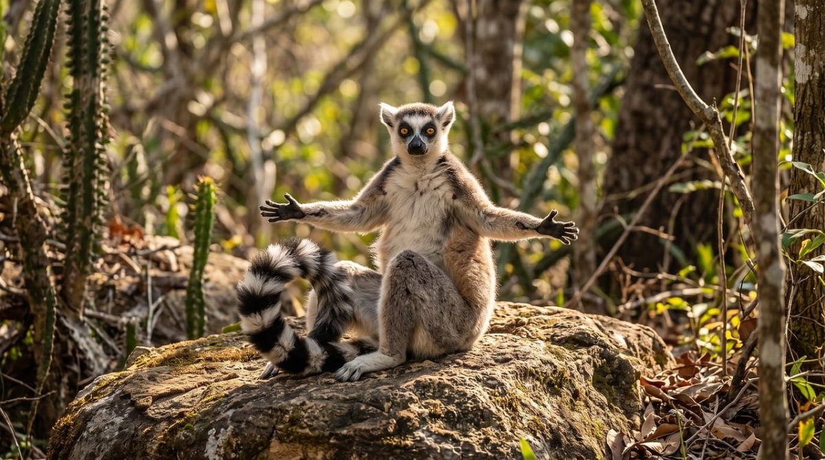 lemur, ring-tailed lemur, striped tail, madagascar, island, tree, primate, sunbathing, arms wide, cute, eyes, jungle, forest, wilderness, animal, territorial defense, wildlife, nature, posing, exotic
