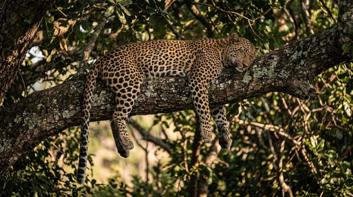 leopard, tree branch, resting, camouflage, jungle, africa, relaxed, dangling paws, predator, stealth, wildlife, big cat, prey, nature, spot pattern, natural habitat, nocturnal hunter, leaves, animals in nature
