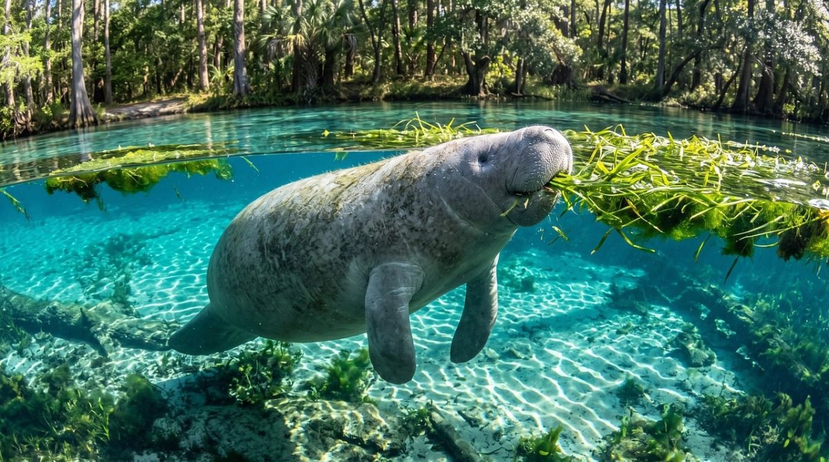 manatee, spring water, crystal clear, river, florida, algae, floating, natural spring, peaceful, green algae, river grass, marine animal, snout, slow, gentle giant, marine mammal, water environment