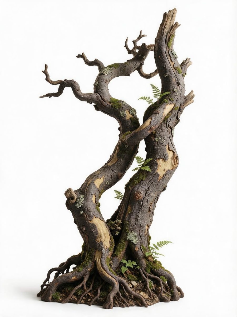 dry tree, moss tree, twisted tree, fern, forest art, carving, tree roots, green color, wood detail, tree art, moss surface, vintage feel, interior design, organic structure, natural patterns, artistic appearance, decoration, creeping plants, nature motif, art exhibit