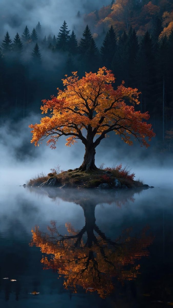 tree, mist, lake, nature, reflection, autumn, island, forest, tranquility, colors, calm, isolation, morning, calm water, center, mirror, peaceful, solitary, foggy, serene