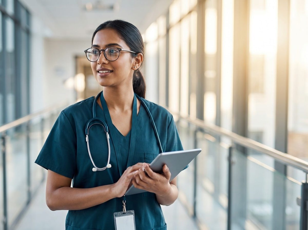 doctor, tablet, stethoscope, hospital, nurse, healthcare, clinic, scrubs, woman, glasses, professional, technology, smiling, confident, healthcare worker, modern, light, interior