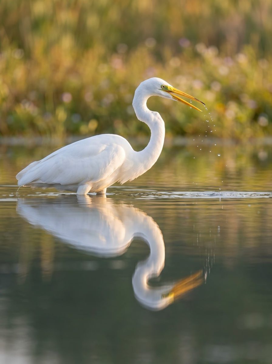 heron, reflection, nature, wildlife, wetland, golden hour, white, serene, water, bird, wild, image, wading bird, dripping, outdoors, focus, fauna, detail, animal