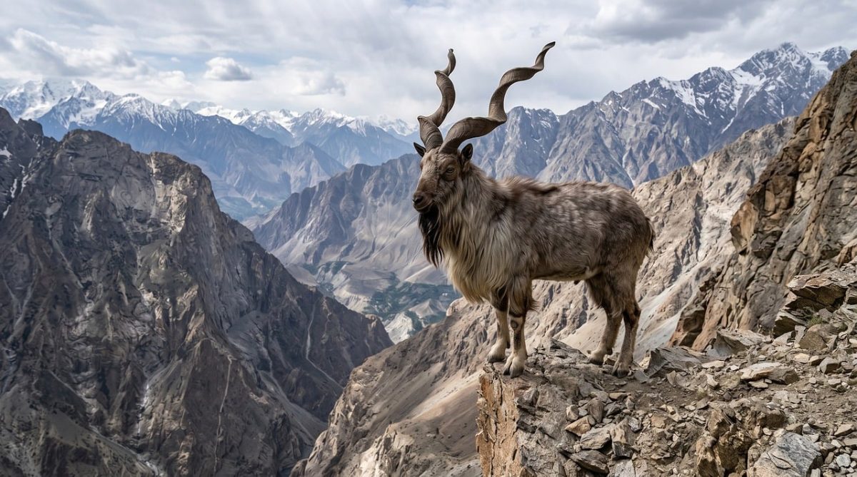 markhor, goat, horns, spiral, mountain, cliff, rocks, beard, pakistan, majestic, extreme, height, nature reserve, wild, snow, panorama, exotic, world heritage, nature, sky