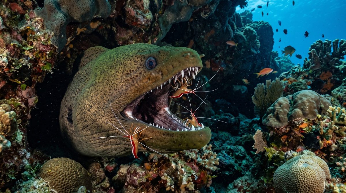 moray, reef, jaws, cleaner shrimp, symbiosis, cave, ocean, underwater, parasite, marine life, teeth, predator, coral reef, nature, deep sea, sea eel, marine biology, ecosystem, fish, sea life, underwater predator, ecological balance
