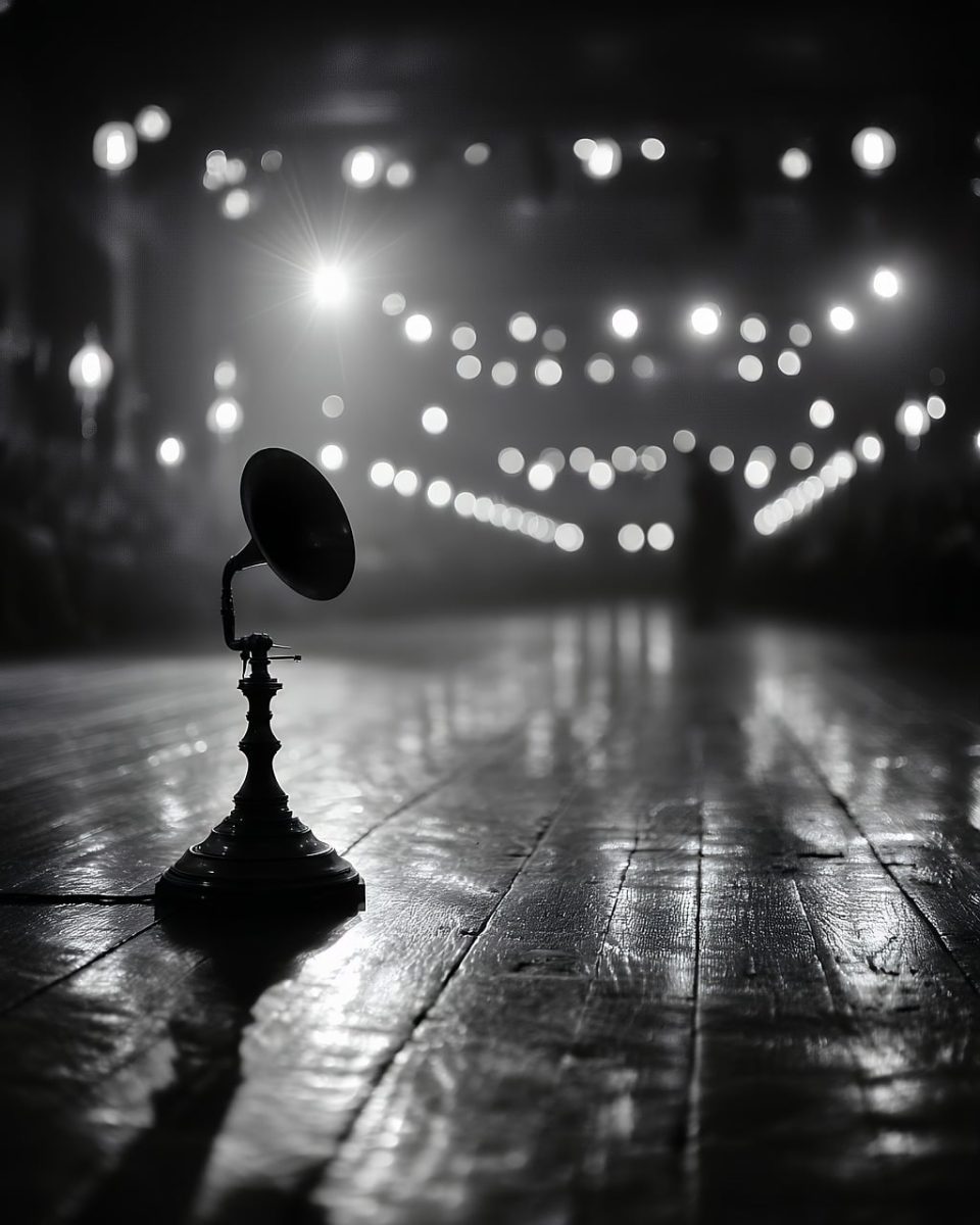 microphone, vintage, retro, music, concert, theater, stage lighting, darkness, performance, shadow effect, wooden floor, solitude, empty space, sound technology, entertainment, mood, lighting art, artistic photography, acoustics, creativity, audience