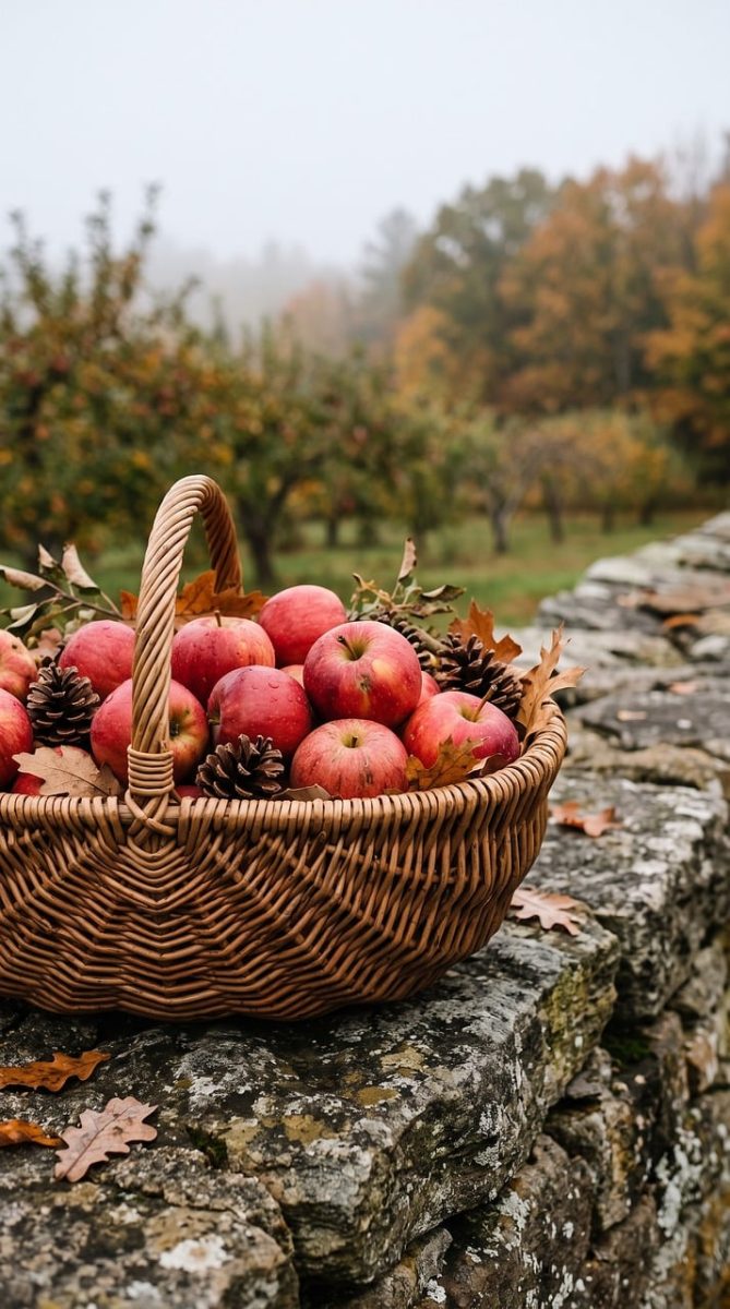 autumn, basket, apples, pine cones, stones, nature, decoration, countryside, mist, autumn leaves, outdoor, wall, harvest, wood, fall decor, walk, orange, yellow, fruit