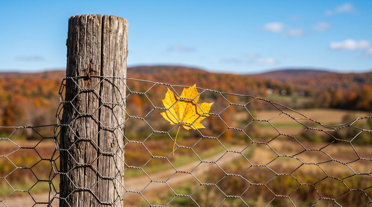 autumn, leaves, nature, fall, fence, trees, landscape, park, outdoor, fence post, yellow leaf, countryside, area, blue sky, wire fence, autumn leaf, chicken wire, edge, beautiful view, autumn season, roadside fence