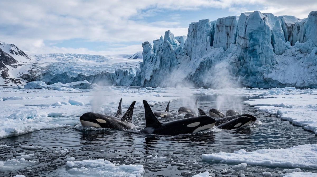 orca, glacier, black and white, dorsal fin, blowhole, swimming, cold water, arctic, antarctic, ice pack, pod, surface, majestic, icy water, nature spectacle, ice mountains, melting, bleaching, environment, nature