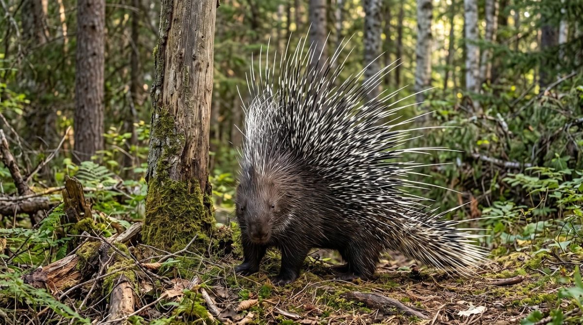 porcupine, quills, defense, sharp, forest, protection, mammal, rodent, tree, barbed, nature, danger, wilderness, natural habitat, warning, biology, pointy, ecosystem, dense, thorn
