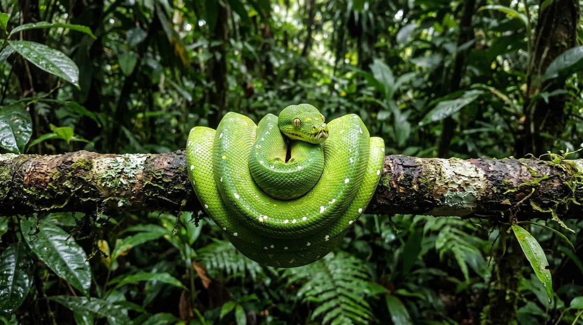 snake, green tree python, reptile, rainforest, jungle, nature, camouflage, scales, coiled, branch, tail, green, tree, wild, ecology, environment, bark, lizard, tropical, eyes, color