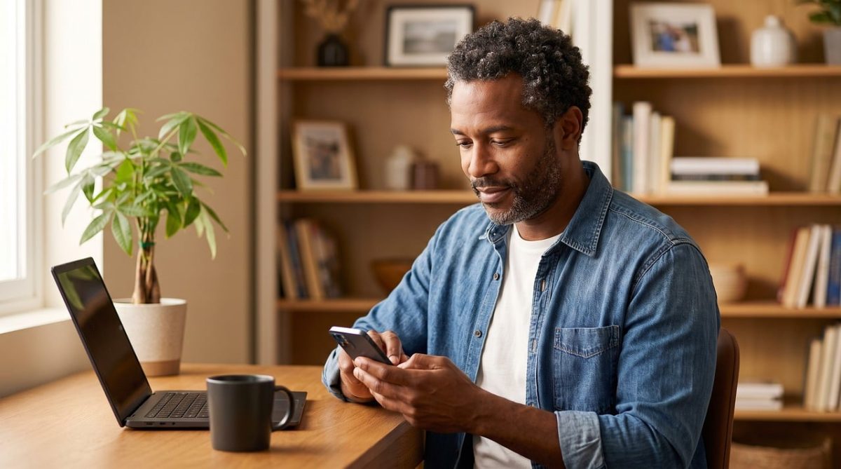 man, smartphone, home office, laptop, mug, nature, working, technology, casual, denim, dark-haired, lifestyle, middle-aged, indoor, plant, bookshelf, desk, leisure, office work, mature age, coffee shop