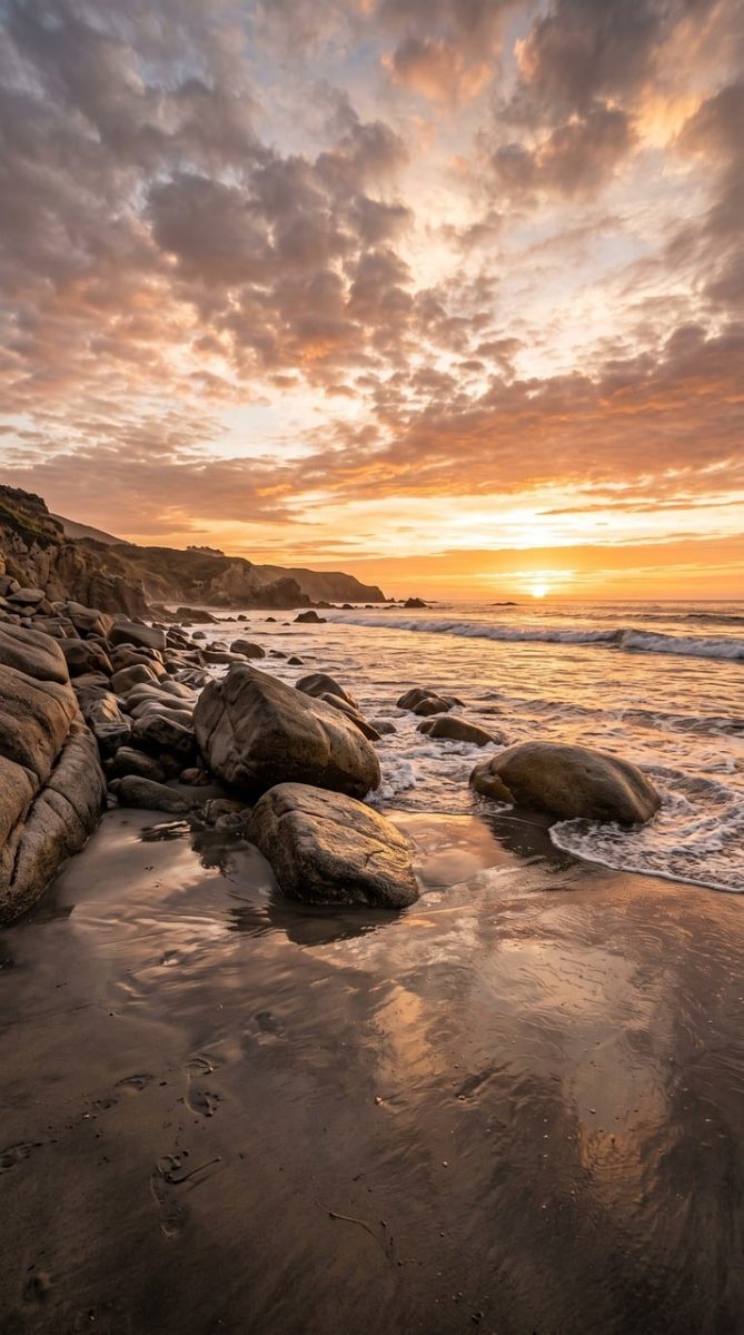 beach, sunset, nature, clouds, tide, mountains, natural landscape, rocky beach, summer evening, tranquility, waves, evening sky, reflection, zen, dawn, beautiful view, sand, peaceful atmosphere, tourism, sunrise, soft light