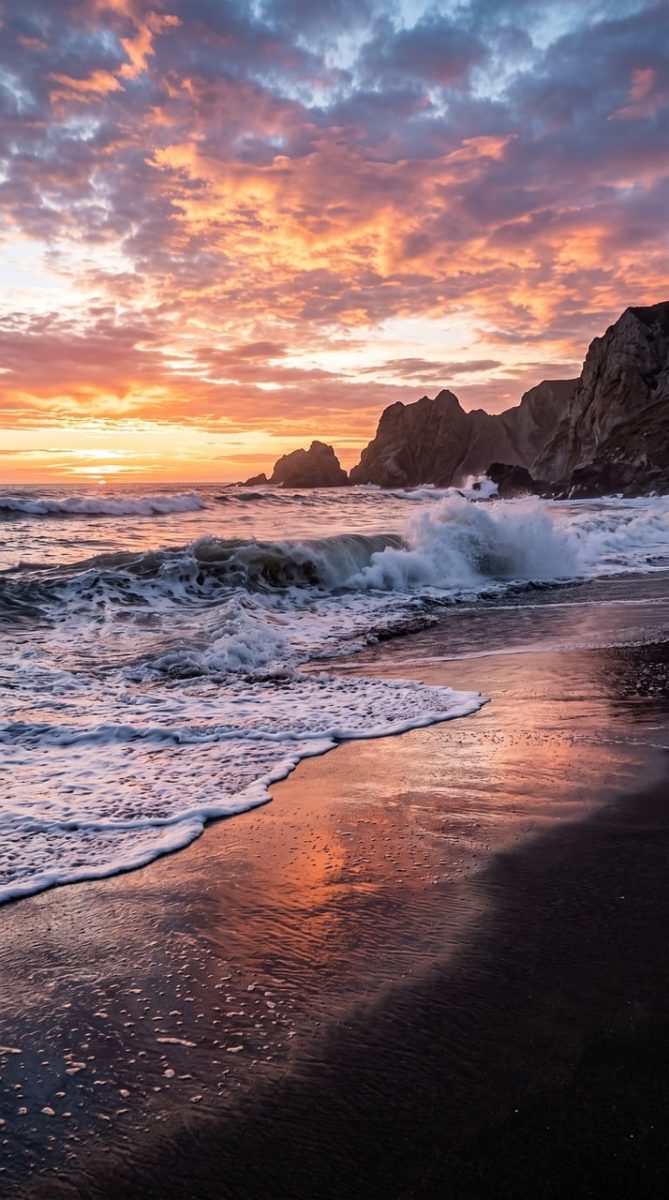 sunset, beach, ocean, waves, cliffs, coastline, nature, beautiful, colors, landscape, relaxation, breathtaking, serene, sand, photography, sun, evening light, tide, diffused light, calm