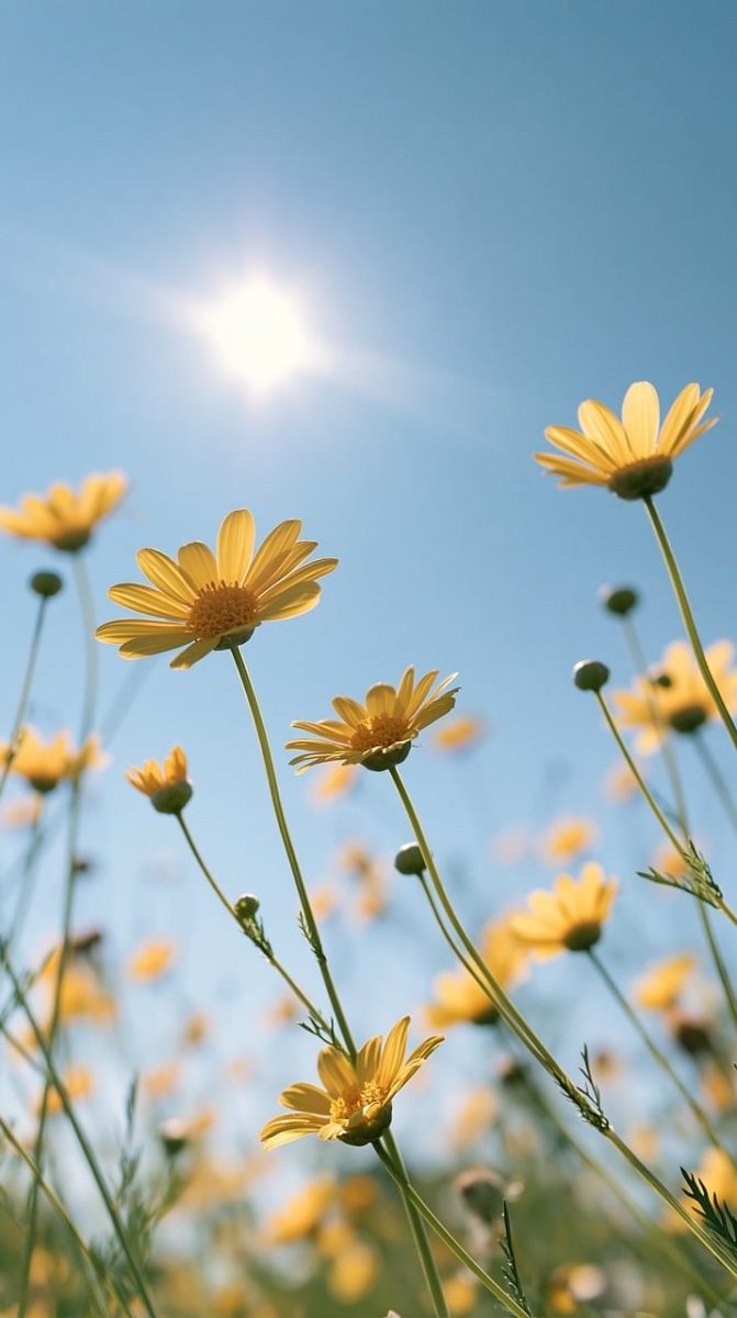 yellow daisies, wildflowers, sunburst, summer meadow, bright sunshine, outdoor flora, blue sky, nature wallpaper, blooming, cheerful, warm daylight, field of flowers, summer vibe, low angle photo, sunny day, sunlit flowers, clear sky, sun rays, sunny atmosphere, ai generated