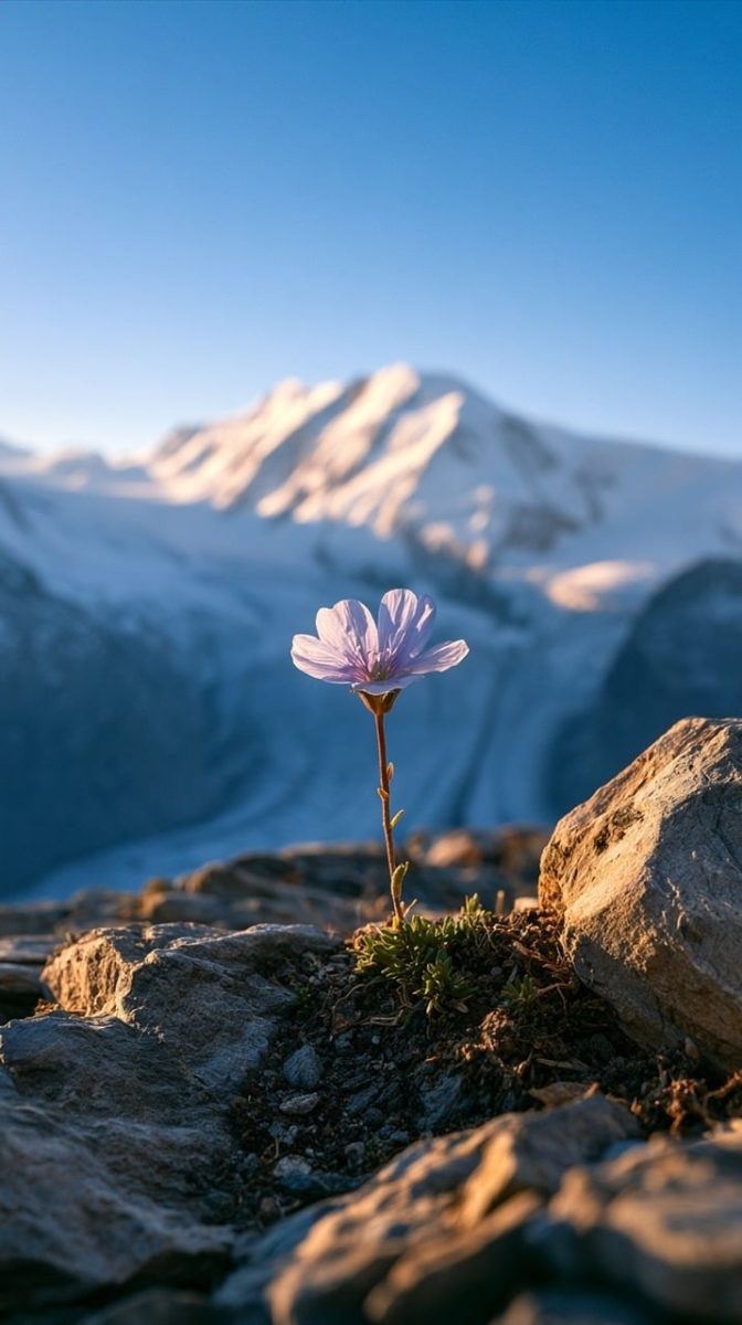 alpine flower, mountain landscape, snowy mountains, wilderness, solitary flower, rock, survival, odd nature, fragility, nature, survivable, scenic beauty, altitude, flower in rock, mountain bloom, spring bloom, mountain peaks, glacier, beauty