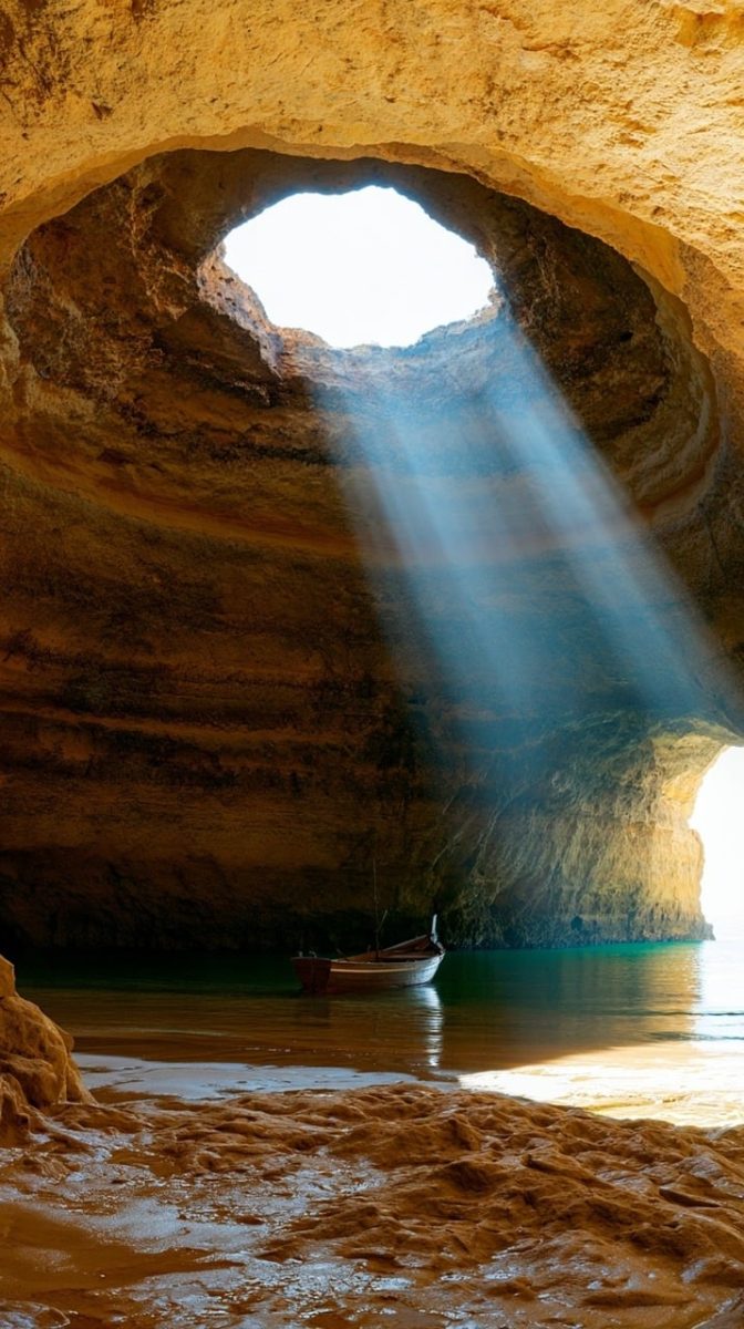 cave, natural light, beach, sun rays, boat, shallow water, sand, sea, rock formation, portugal, benagil, algarve, tourist attraction, nature, blue shade, hiking, reflecting light, view from cave, cozy atmosphere, ai generated