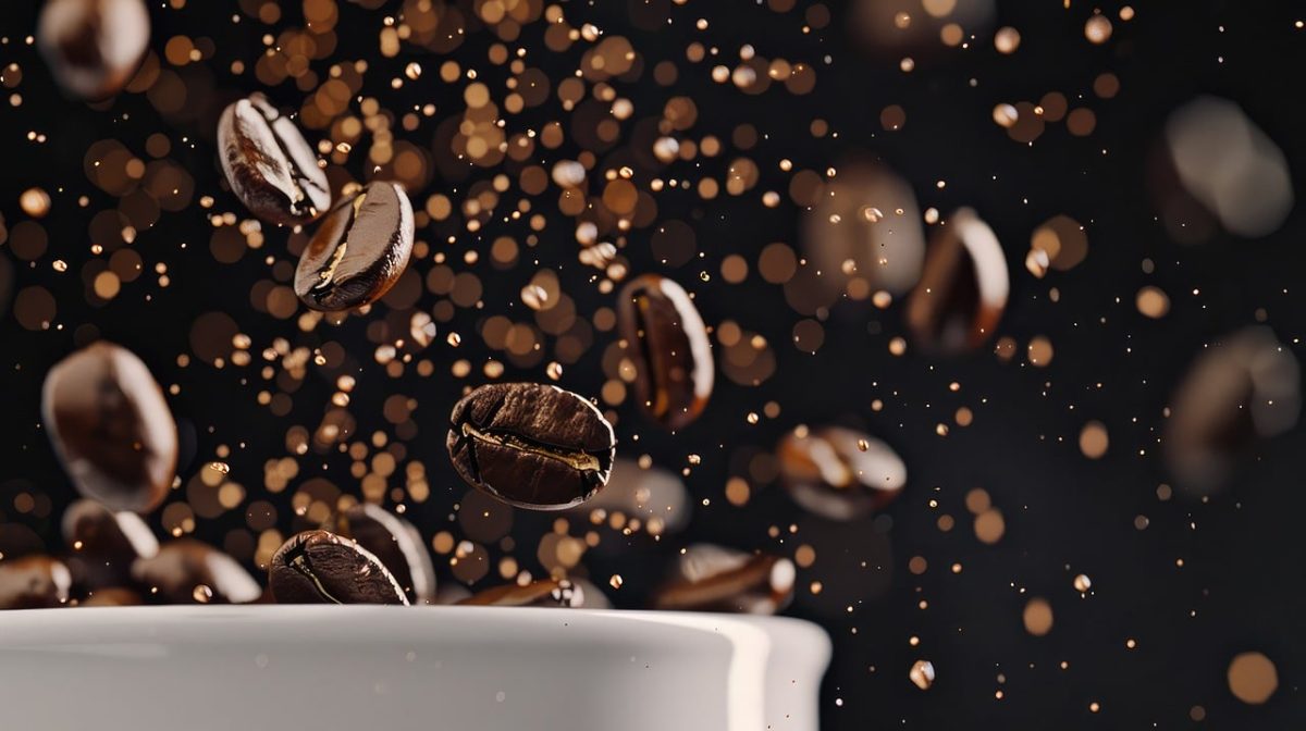 coffee, coffee beans, hot beverage, brewing, café, aroma, energizing, caffeine, black, falling, bubbles, dark background, texture, circles, fantasy, creative, grind, flavor, fresh, poetry