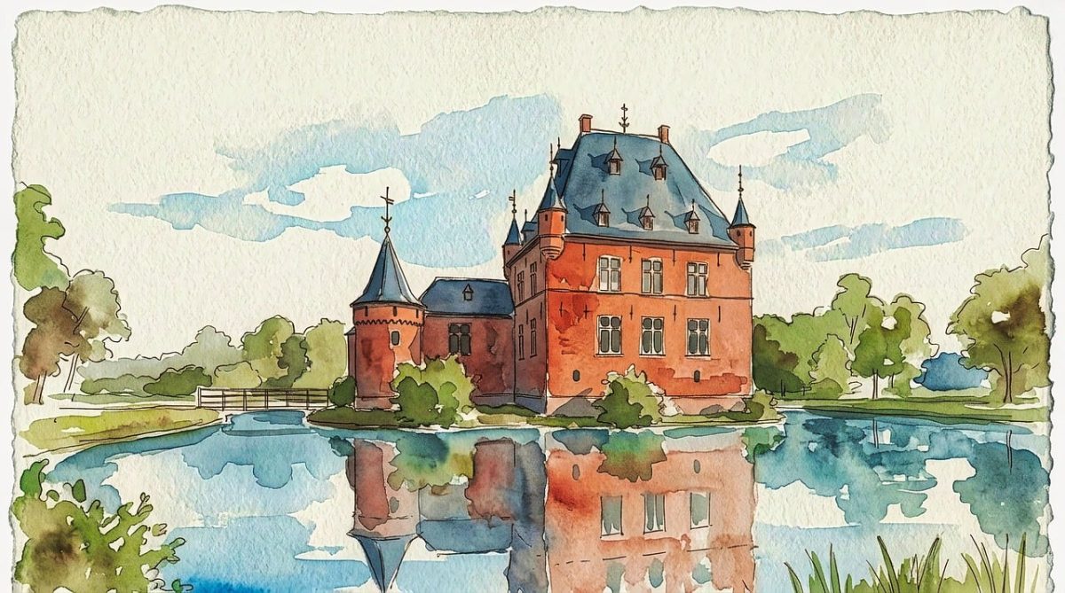 watercolor, art, castle, landscape, reflection, blue, lake, fortress, painting, red, tree, nature, drawing, architecture, historical, grass, mirroring, illusion, calm, magical
