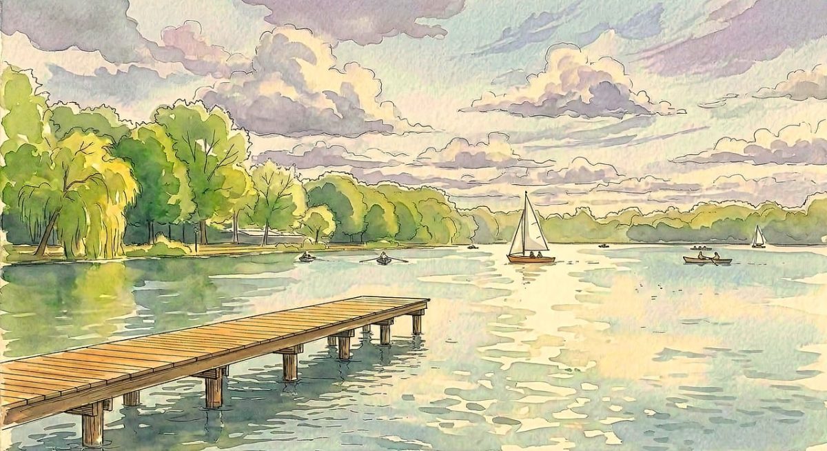 watercolor, landscape, lake, pier, sailboat, summertime, sun, water, peaceful, art, afternoon, tourism, sky, rowing boat, reflection, sunset, relaxation, nature, tree