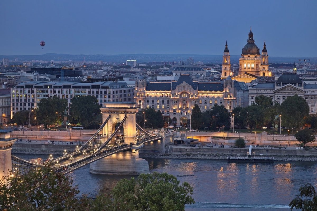 budapest, chain bridge, st, stephen's basilica, danube, evening panorama, night lighting, city architecture, cathedral, hot air balloon, river, tourist attraction, historic building, romantic scenery, capital city, blue hour, europe, architectural style, unesco heritage, central europe, monument photography