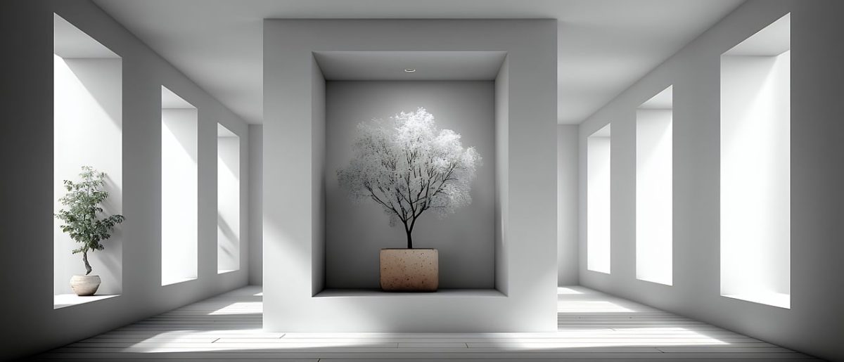 minimalism, architecture, tree, window, interior, bright, design, modern, clean, lighting, perspective, view, gardening, asymmetry, nature, plant, gallery, decoration, formal, empty, shadow