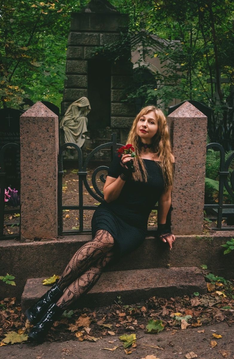gothic fashion, model, black dress, cemetery, statue, autumn leaves, nature, memorial, gothic art, female figure, facial features, solitude, evening gown, autumn, nightwear, stone, gothic style, gothic clothing, darkness, high heels