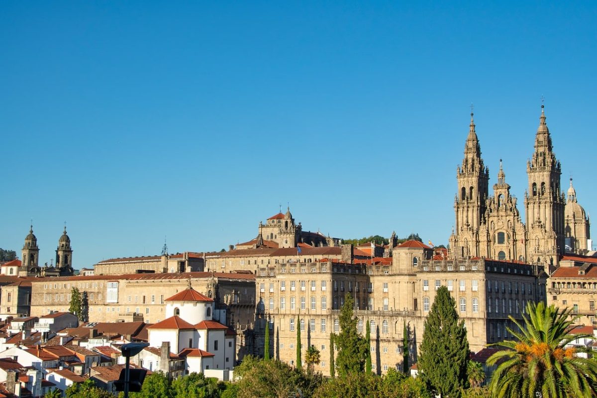 panorama, santiago de compostela, cathedral, architecture, camino de santiago, pilgrims, sky, blue, religion, europe, history, unesco, monument, fortress, historic building, tower, gothic, heritage, christian, trekking