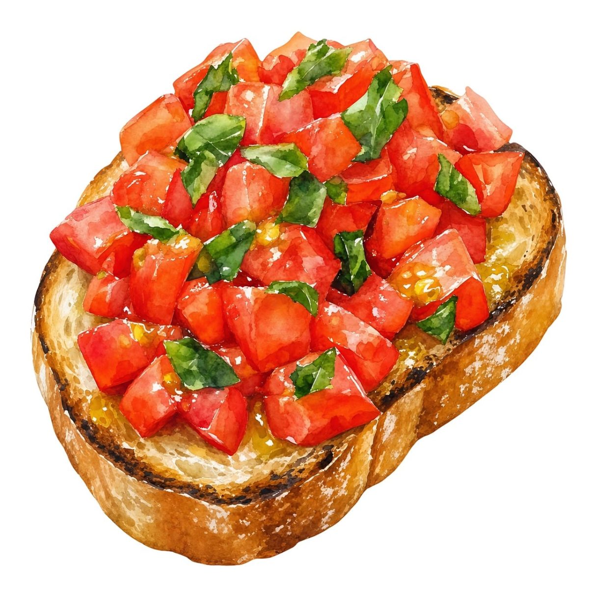 bruschetta, tomato, basil, toasted bread, italian cuisine, appetizer, natural, fresh, watercolor, cooking, breakfast dish, herb, summer dish, vegetarian, garnish, homemade food, food image, snack, artwork
