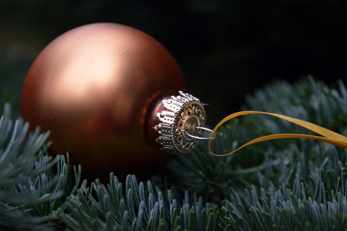 christmas bauble, pine branches, golden ribbon, christmas decoration, advent, winter theme, christmas background, white and green contrast, christmas card, green needles, christmas magic, quiet atmosphere, christmas holidays, light and shadow, elegant design, holiday spirit, festival, gloomy atmosphere, stylish composition