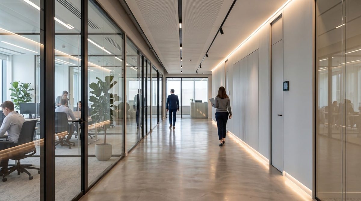 office, corridor, modern, glass doors, people walking, work environment, open office, employees, company, interior, marble floor, potted plants, lighting, workstations, daylight, working atmosphere, office furniture, corporate headquarters, corporate environment