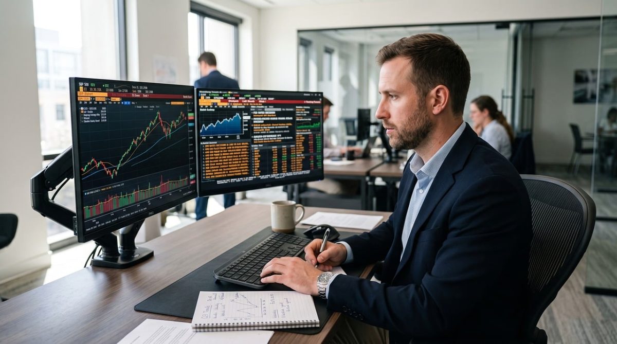 man, computer, trading, statistics, monitor, chart, stock exchange, investment, office, business, man in suit, modern office, statistic display, workstation, employee, analysis, business meeting, desk, professional career, notepad