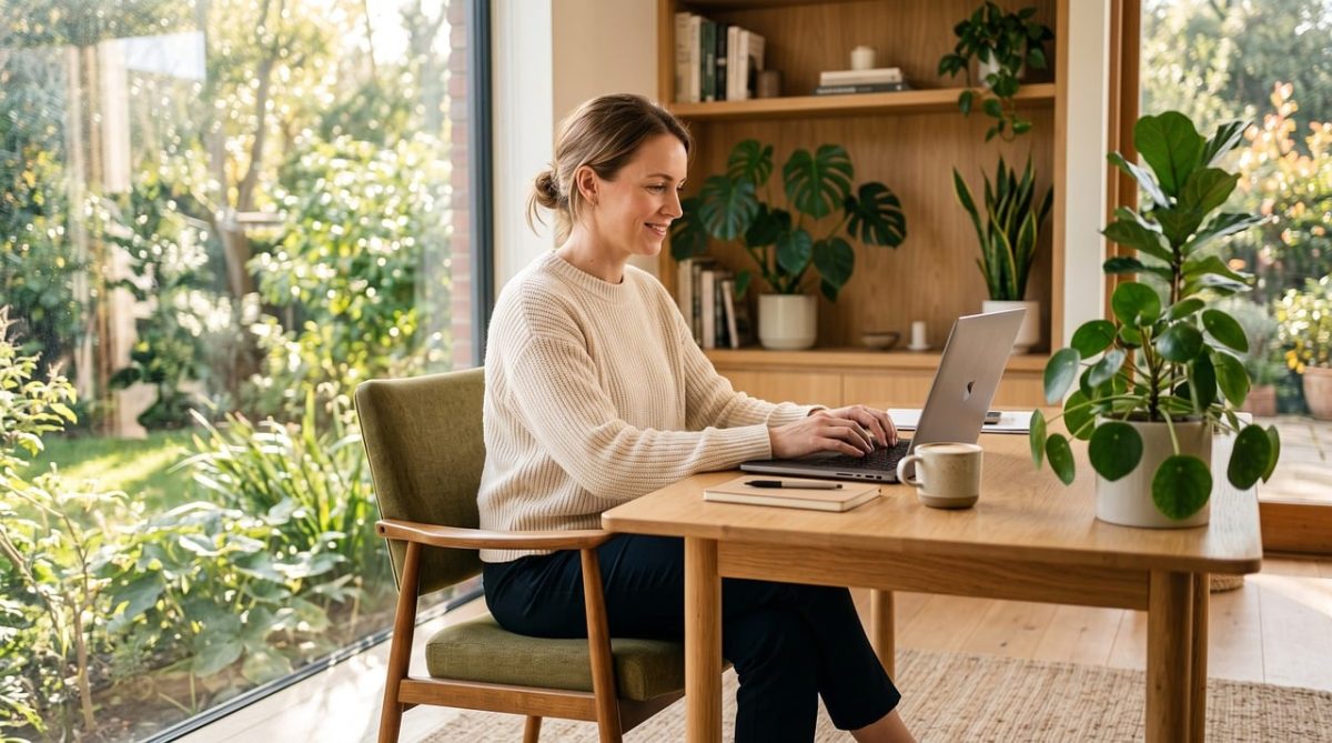 remote work, woman, laptop, home office, worker, sitting, wooden table, nature, plant, workspace, daily life, comfort, electronics, interior, window, smile, coffee, green, sunshine, productivity, calm