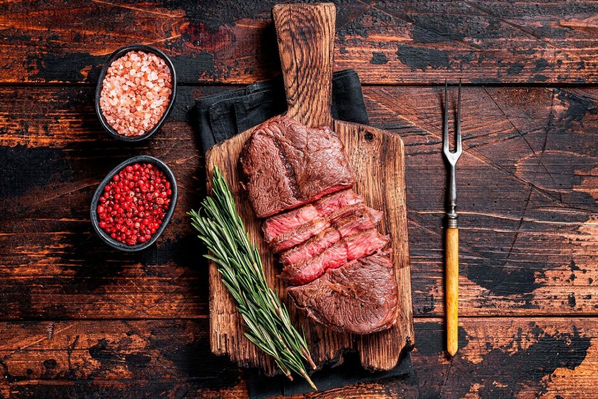 grilling, steak, grilled, meal, wooden board, rosemary, red pepper, pink salt, herbs, knife, fork, wood, spice, culinary, dining table, vintage, rustic, brown, meat