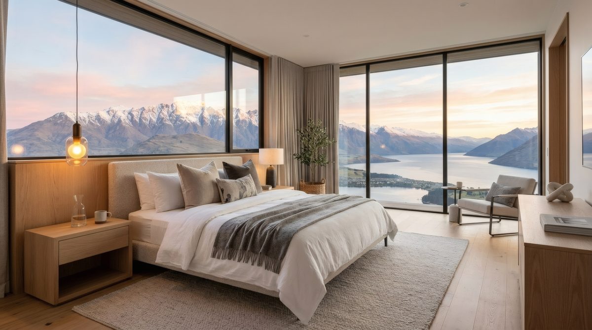 luxury mountain view bedroom, panoramic lake view, floor to ceiling windows, modern minimalist interior, scenic alpine landscape, snowy mountain peaks, sunset mountain horizon, neutral bedroom decor, cozy mountain retreat, wooden furniture design, scandinavian style home, vacation rental property, morning sunrise light, travel and tourism, residential architecture, comfort and relaxation, lifestyle, nature, peace and quiet